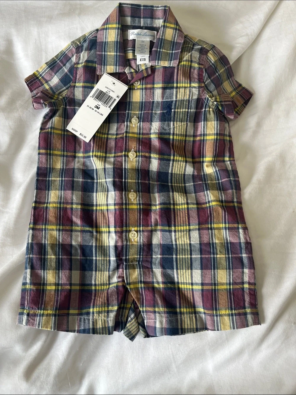 NWT Ralph Lauren | Boys Short-Sleeve Plaid Collared Romper Cotton 3M Navy Yellow